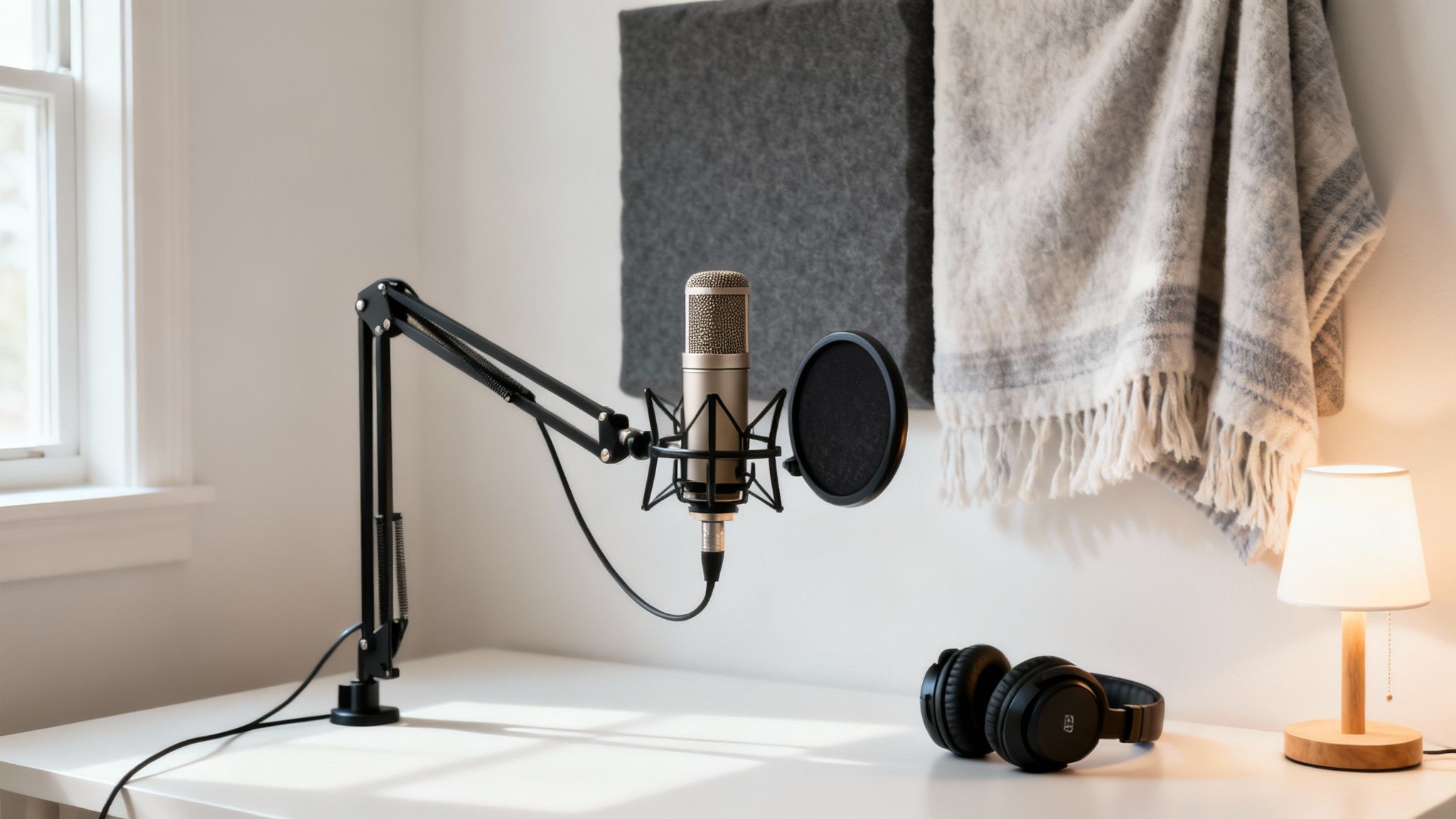 A home podcast recording studio setup with a microphone, headphones, and soft lighting.