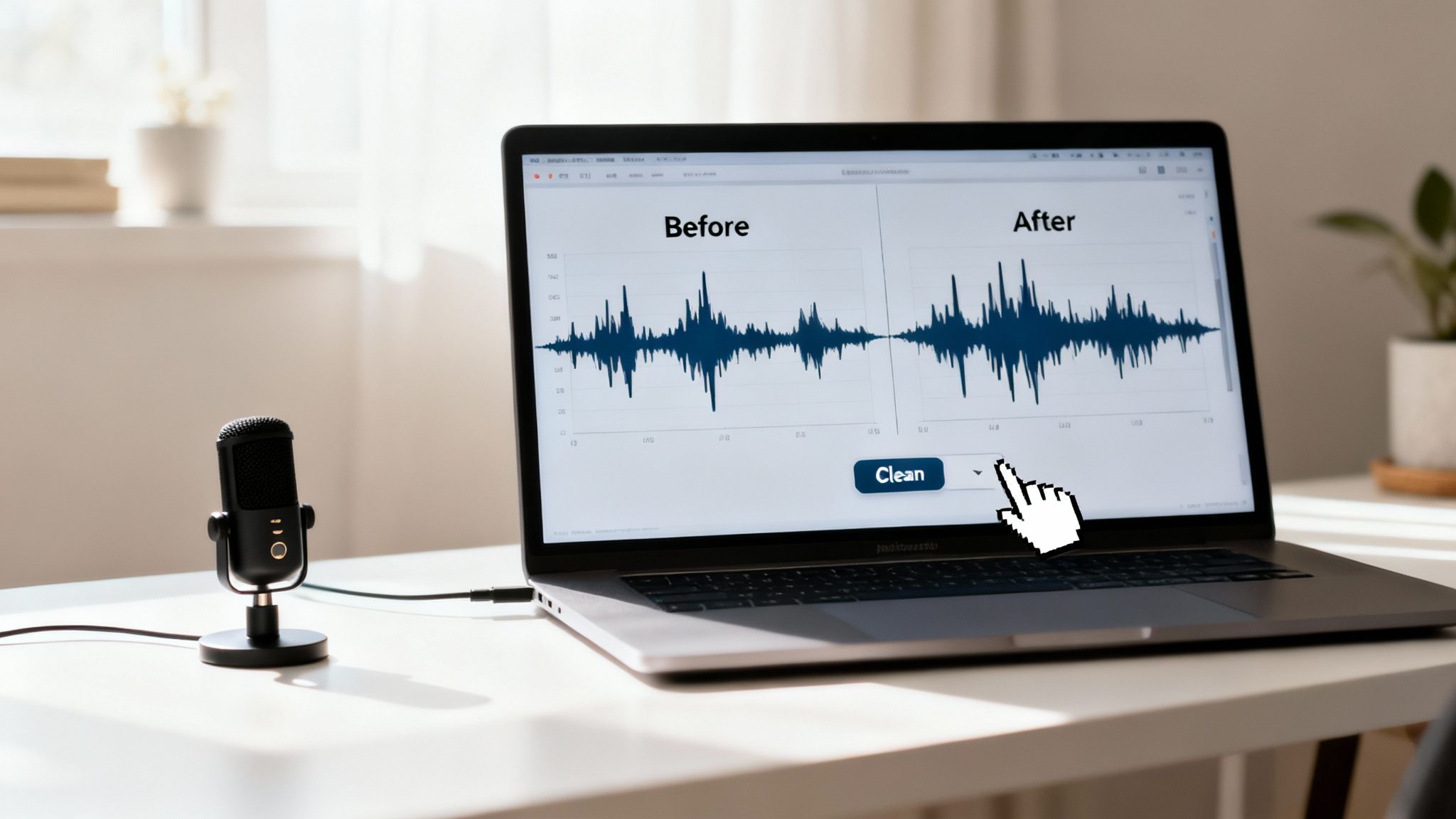 A laptop screen displays "Before" and "After" audio waveforms, with a cursor clicking a "Clean" button, next to a microphone.