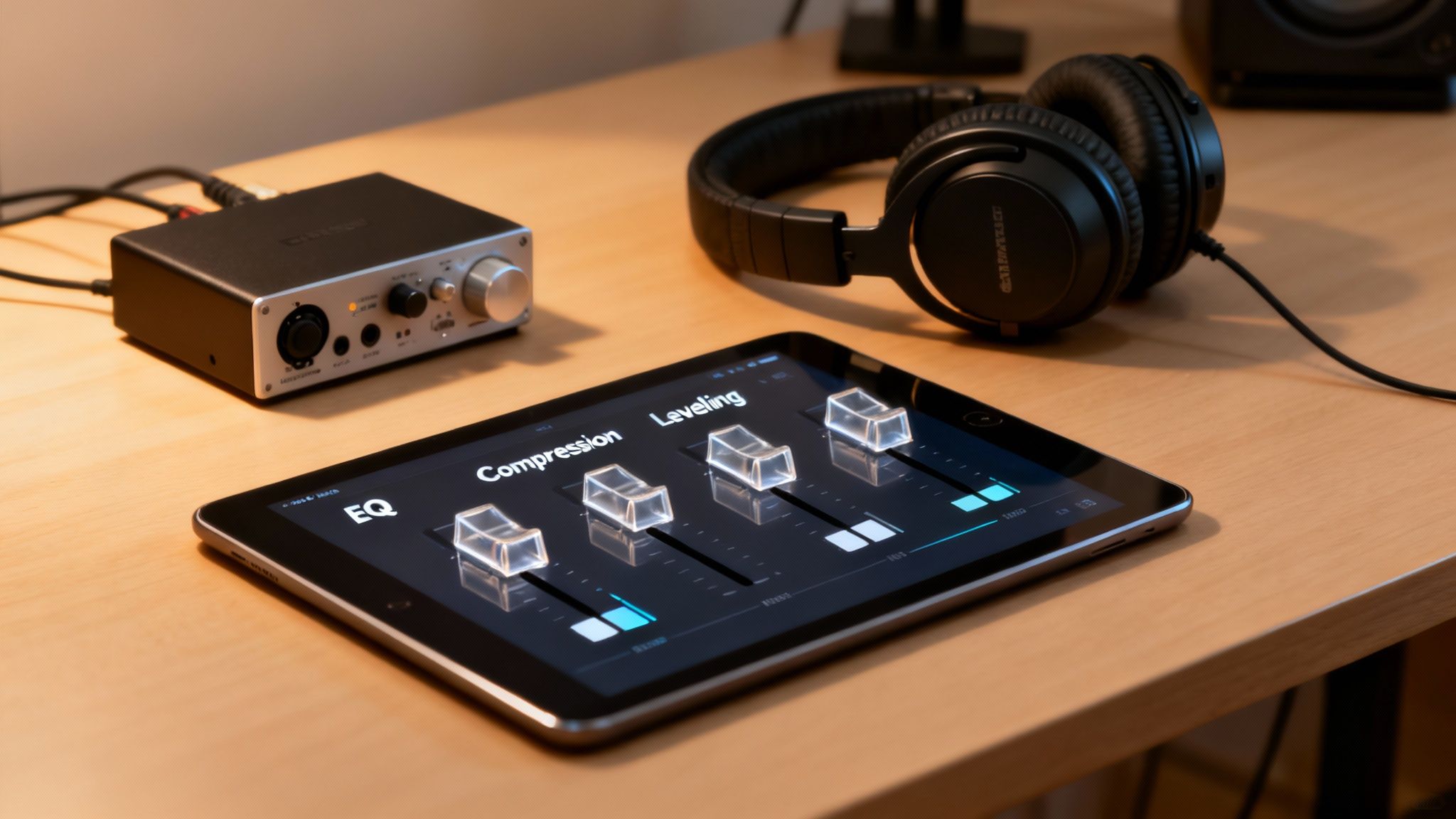An iPad displaying audio editing software, headphones, and an audio interface on a wooden desk.