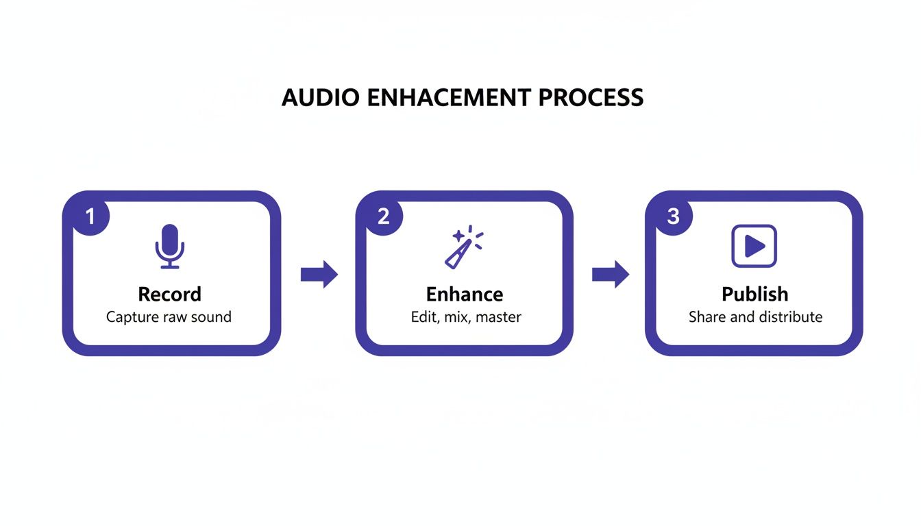 A three-step flowchart illustrating the audio enhancement process: Record, Enhance, and Publish.