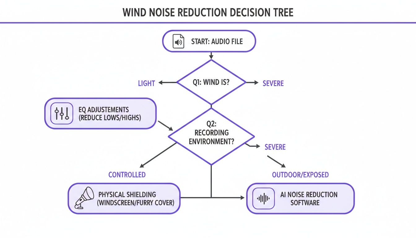 Decision tree flowchart for wind noise reduction in audio, outlining steps for different wind and recording environments.