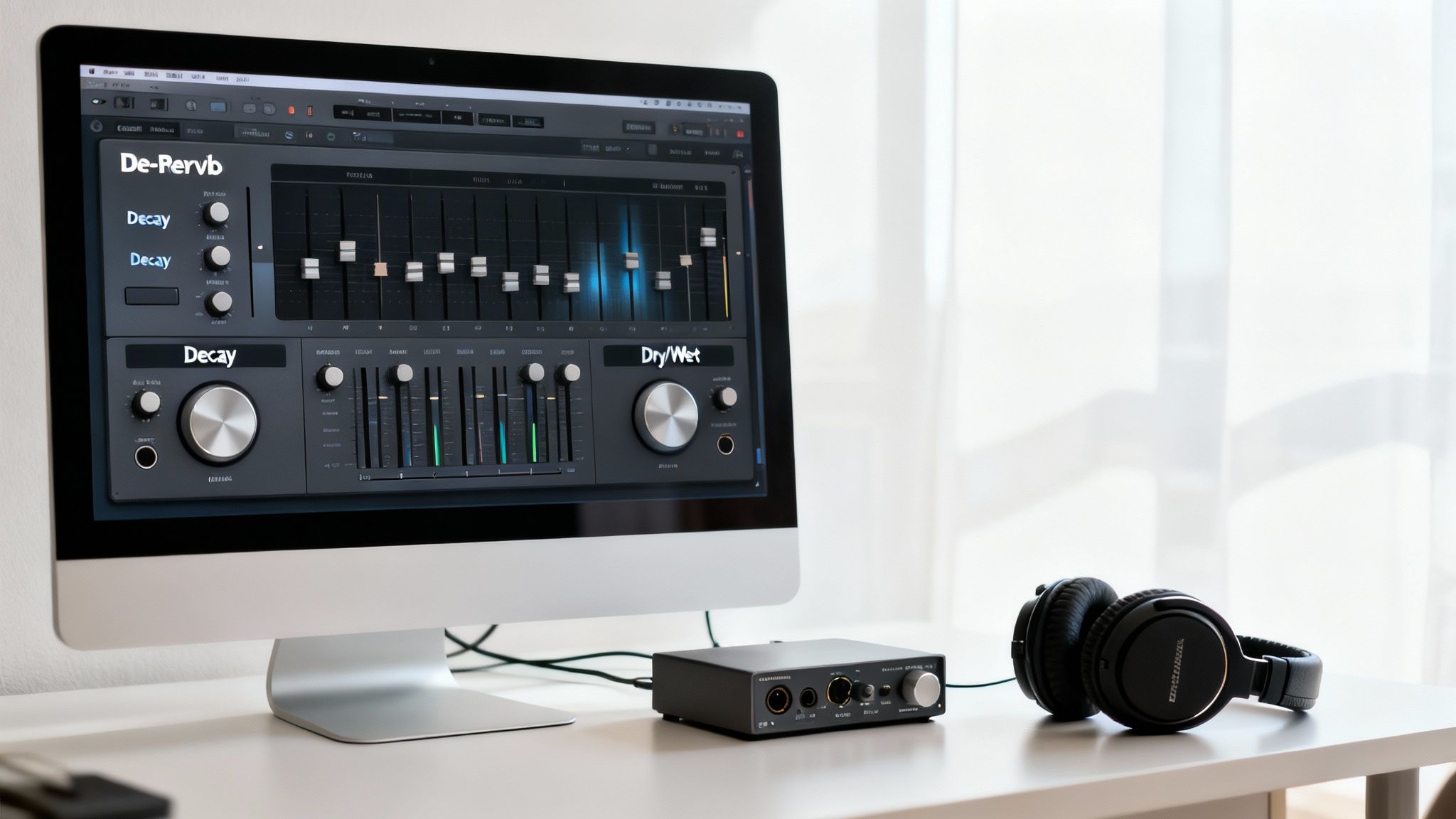 A computer screen showing audio software, an audio interface, and headphones on a white desk.