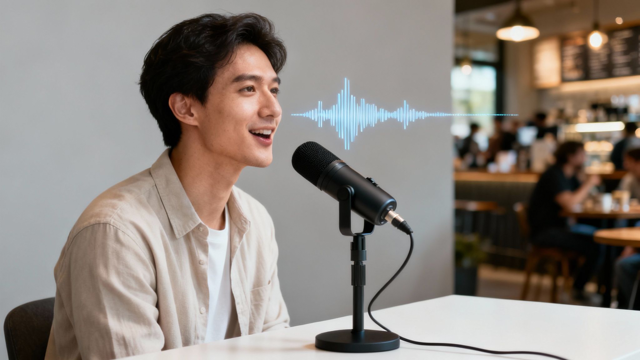 Smiling Asian man records a podcast into a microphone with a sound wave, in a cafe.