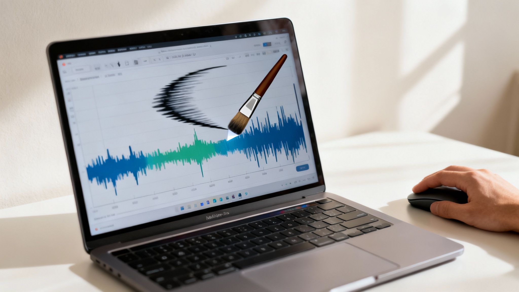 A hand uses a mouse next to a laptop displaying an audio waveform being painted.