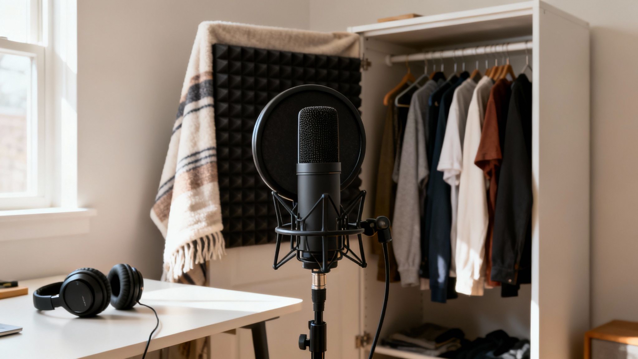 A home recording studio setup with a microphone, pop filter, headphones, and acoustic foam in a closet.