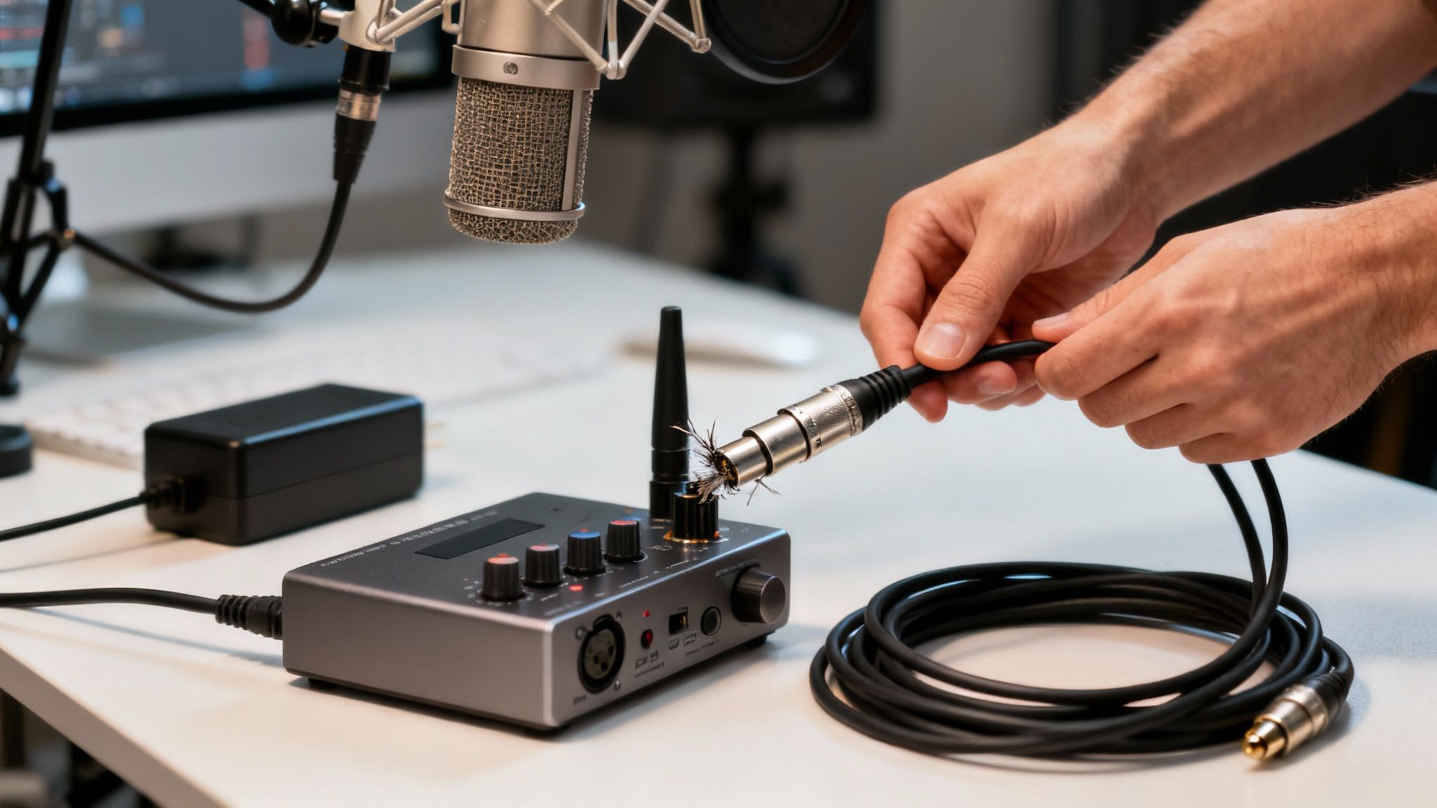 A person's hands plugging an XLR cable into an audio interface on a white desk with a microphone nearby.