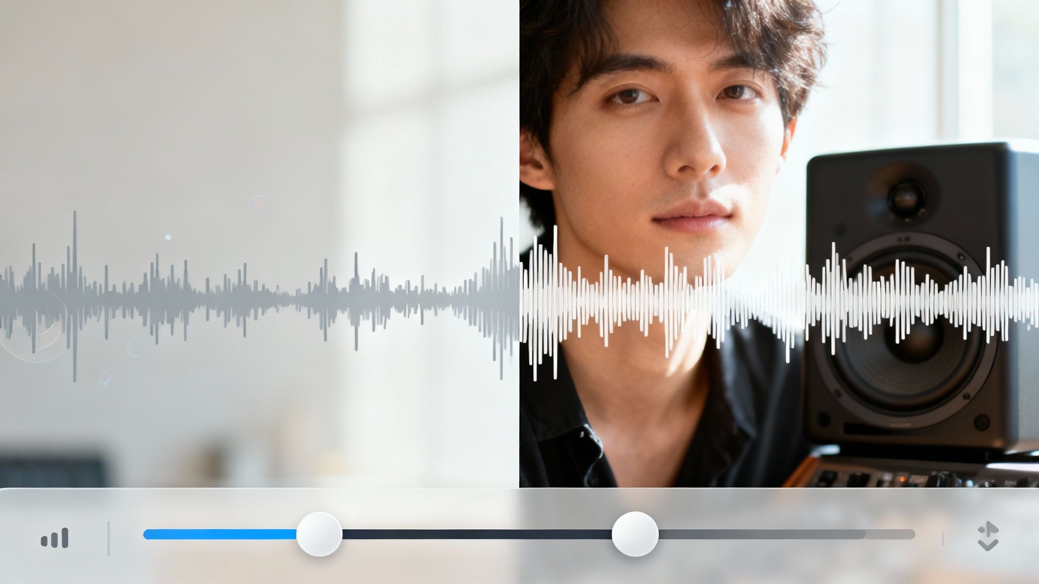 Close-up of a man with sound waves and a music player interface, possibly producing music.