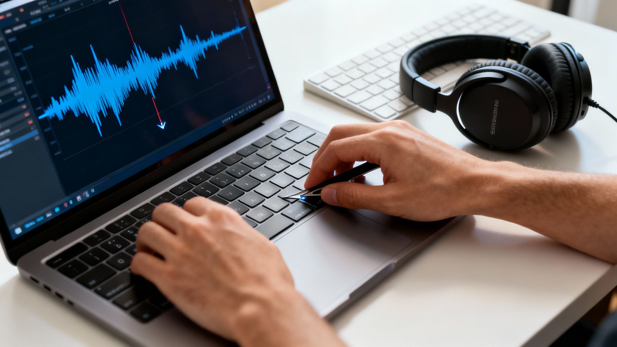 Hands editing an audio waveform on a laptop screen, with headphones and keyboard on a desk.