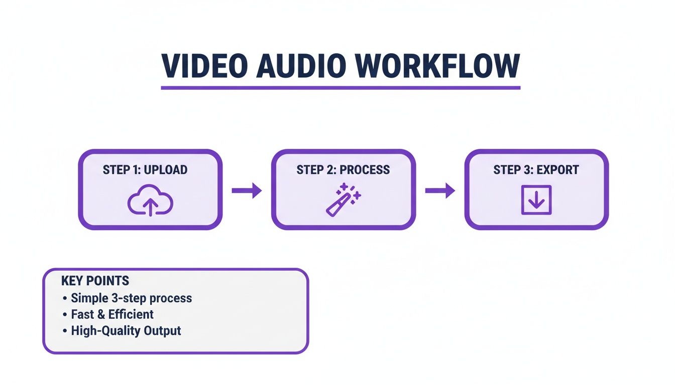 A clear video audio workflow diagram showing upload, process, and export steps, highlighting simplicity and efficiency.