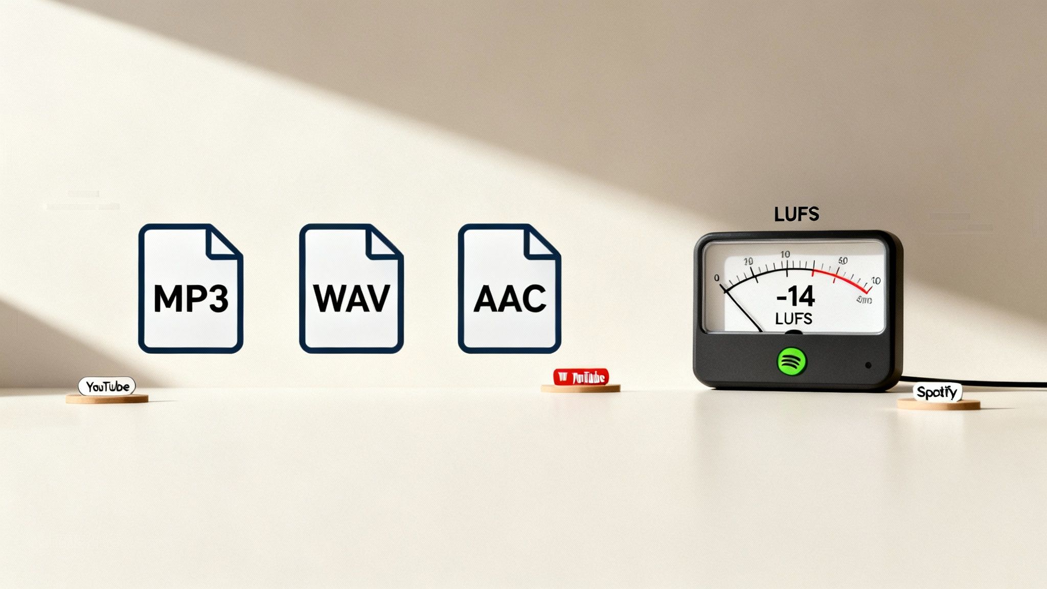 Audio file types MP3, WAV, AAC, a LUFS meter showing -14 LUFS, with YouTube and Spotify logos.