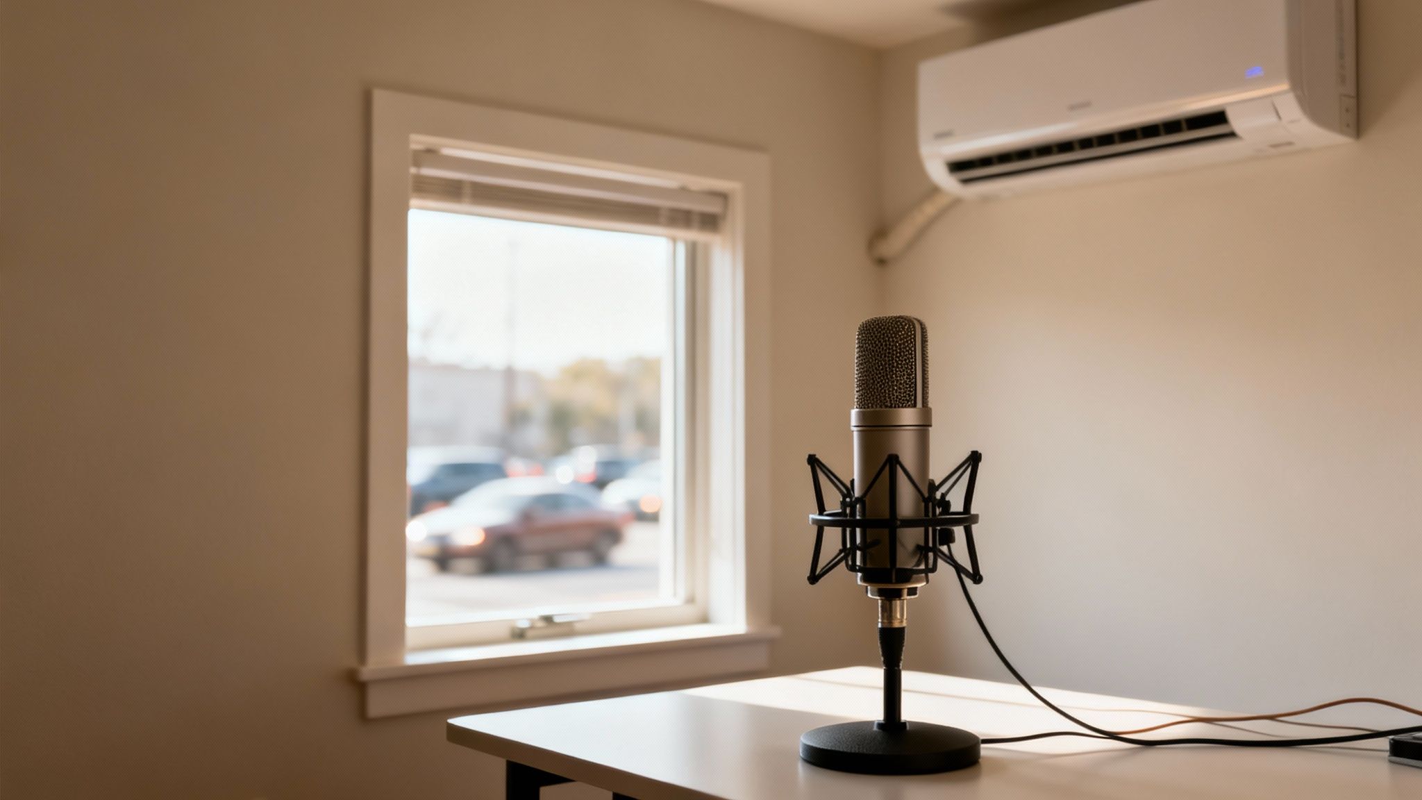 A silver studio condenser microphone on a white desk in a room with a window.