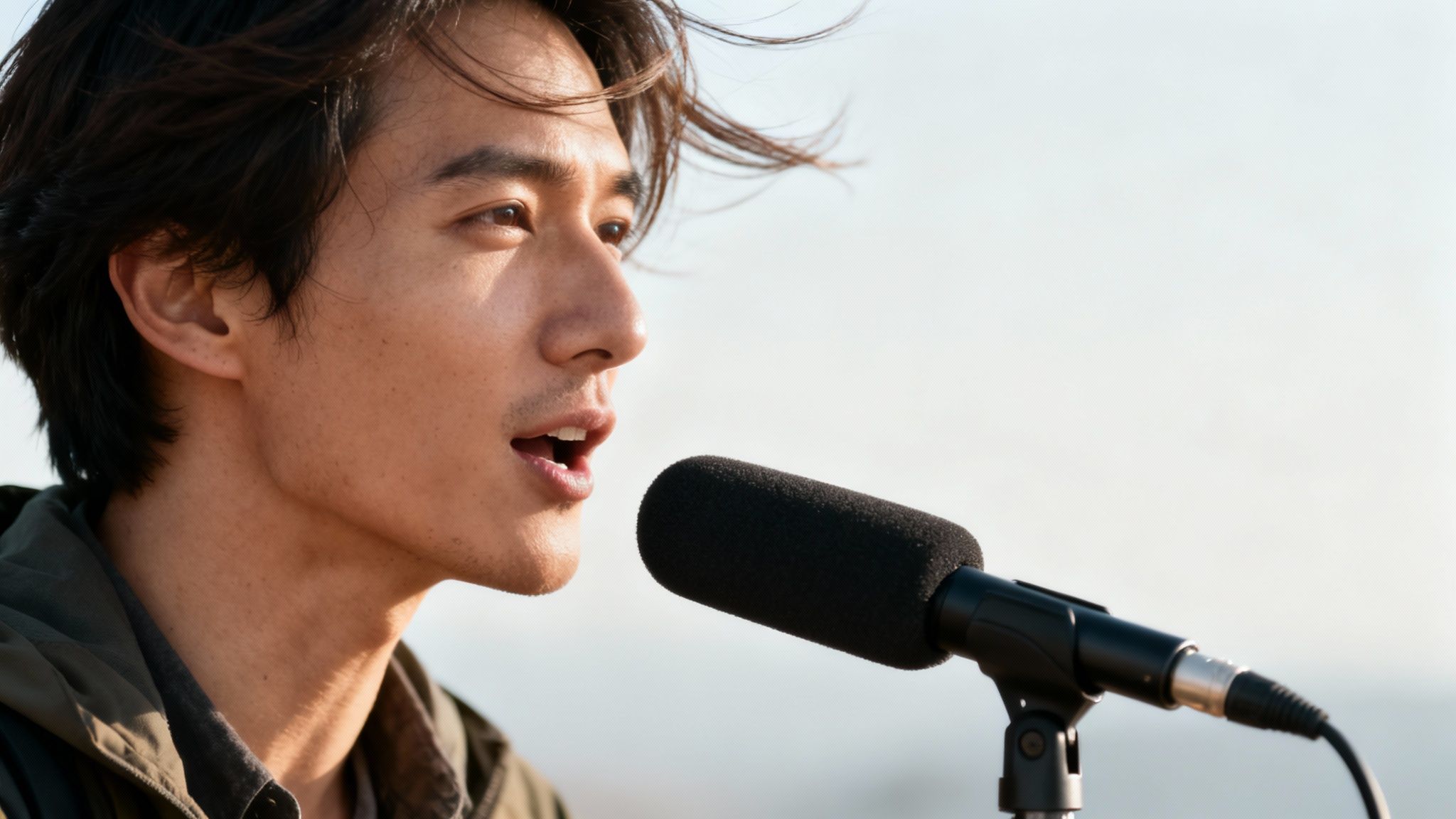 Close-up profile of a young man speaking or singing into a black microphone outdoors.