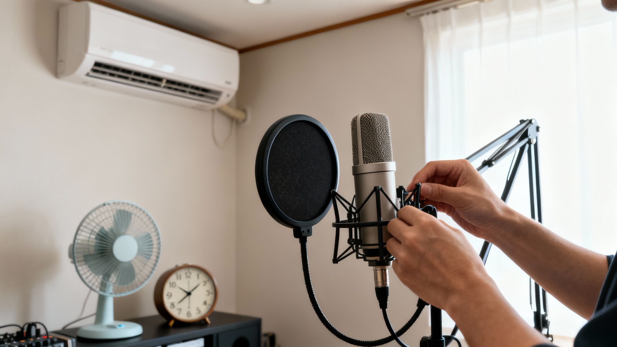 Person adjusting a condenser microphone with a pop filter on a boom arm in a home recording studio.