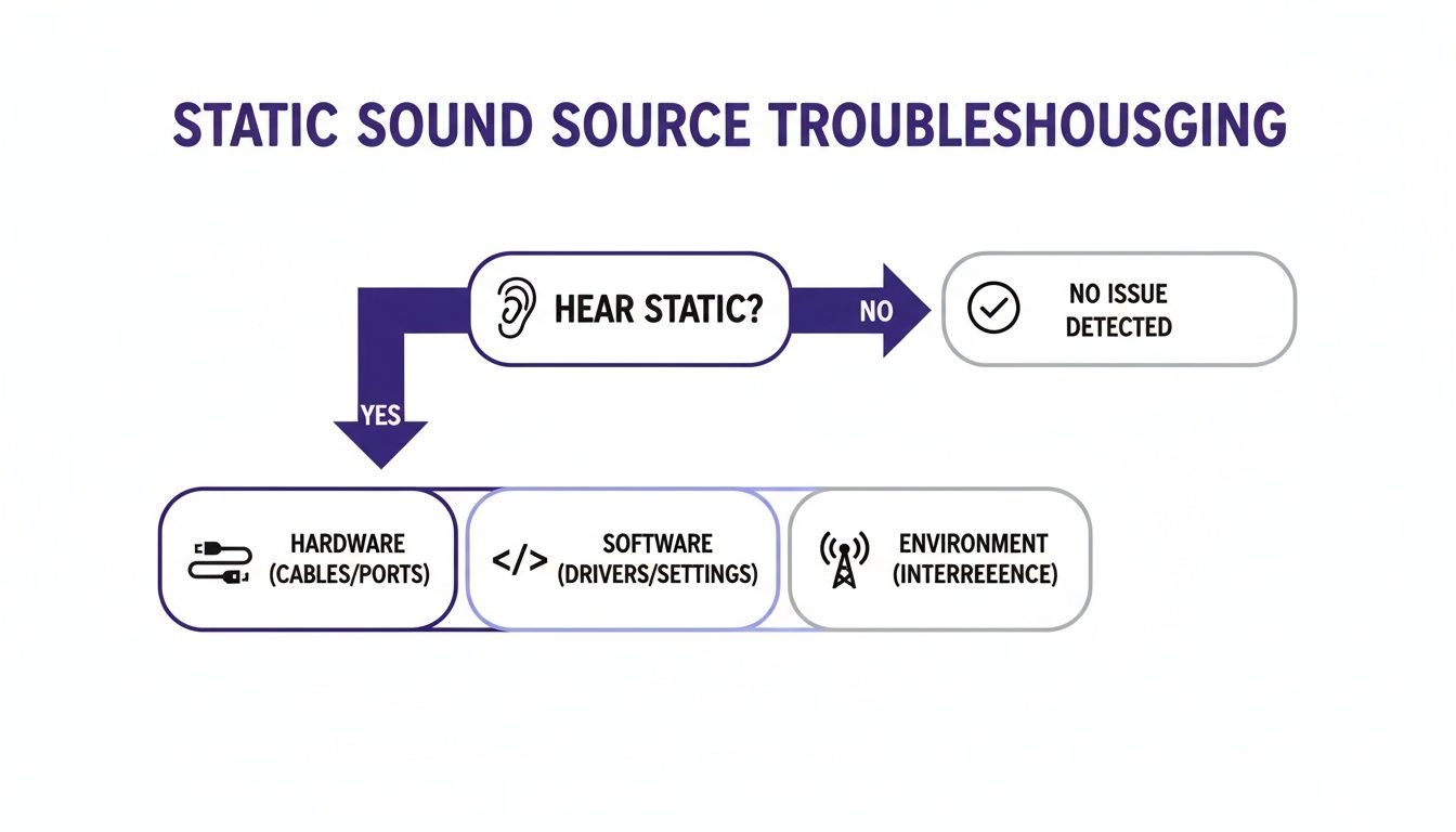 A flowchart for static sound troubleshooting, addressing hardware, software, and environmental factors.