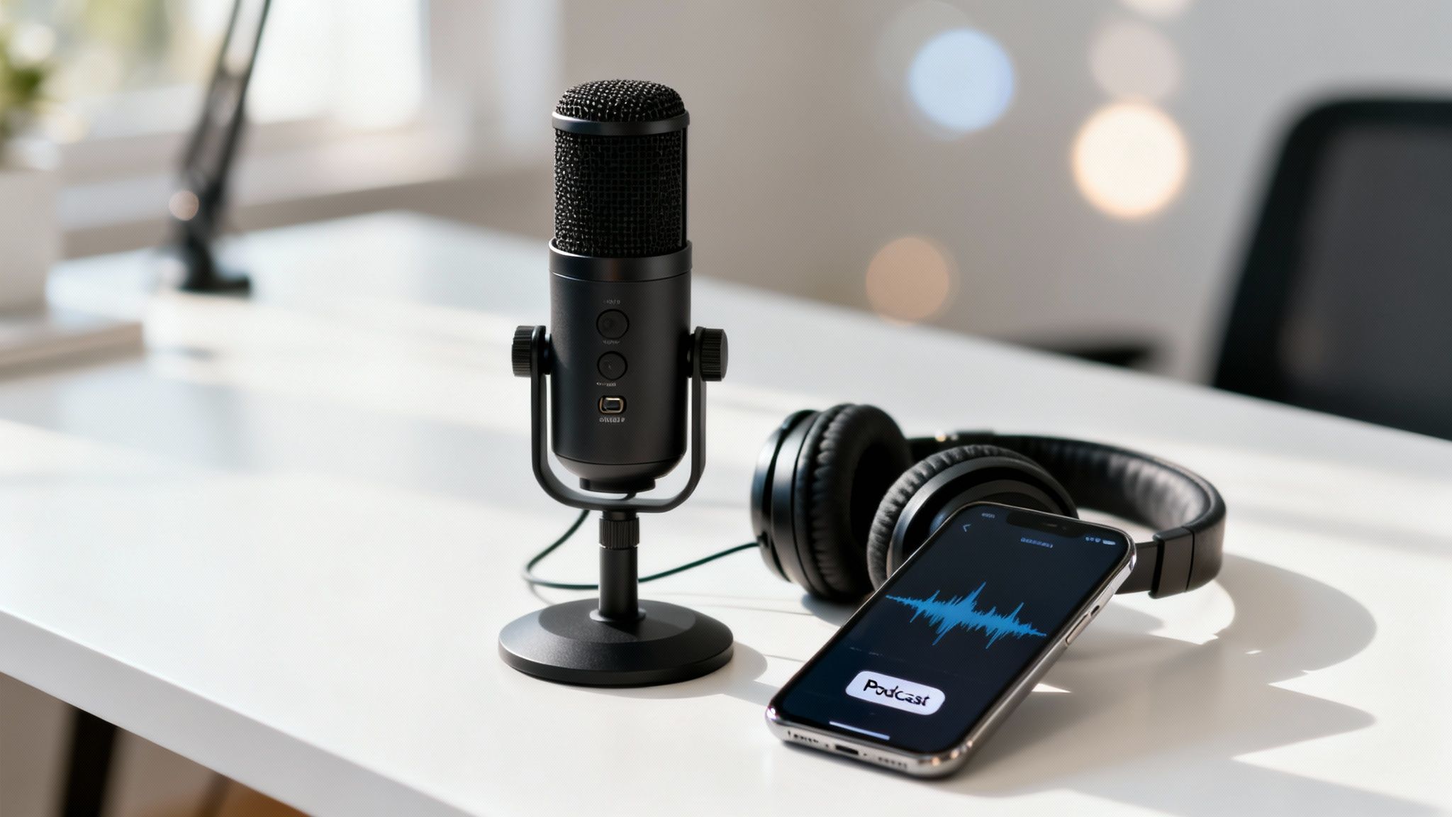 A black studio microphone, headphones, and a smartphone displaying a podcast app on a white desk.
