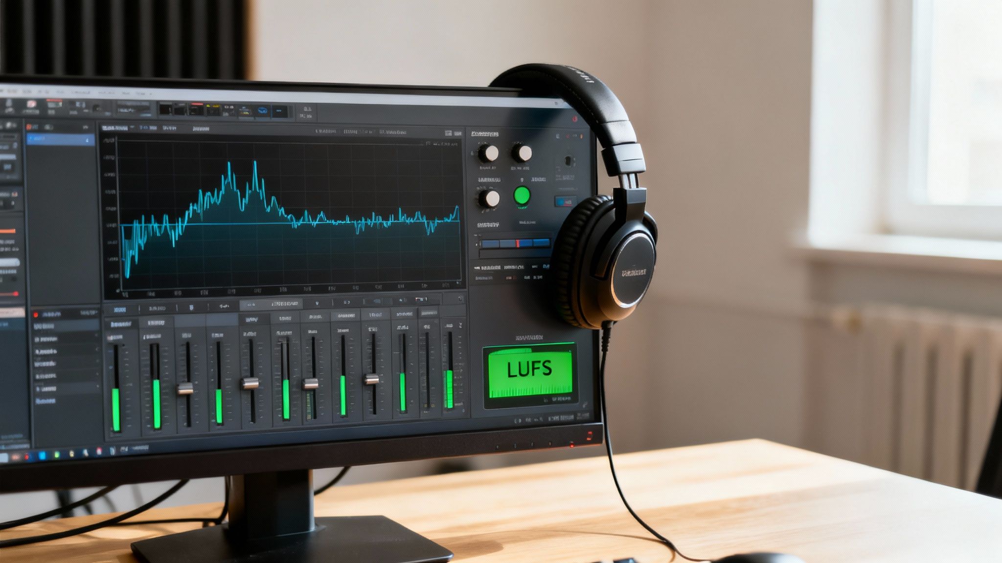 A computer monitor displays audio editing software with a waveform and faders, with headphones hanging on it.