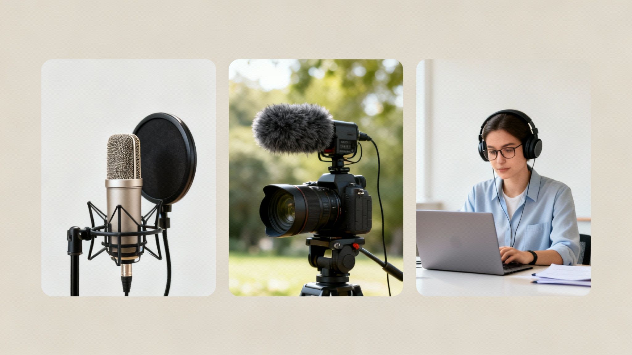 Three panels: a studio microphone, a video camera, and a woman with headphones working on a laptop, depicting content creation.