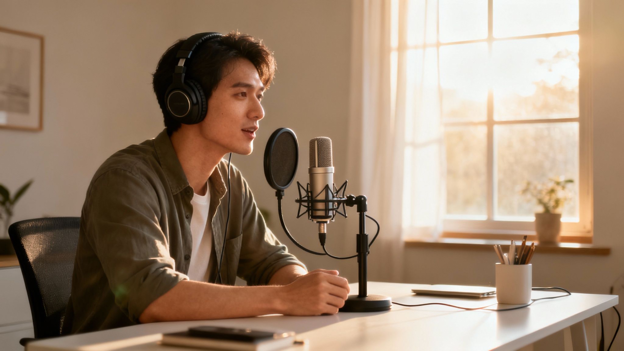 Asian man recording audio with headphones and a microphone in a bright room.