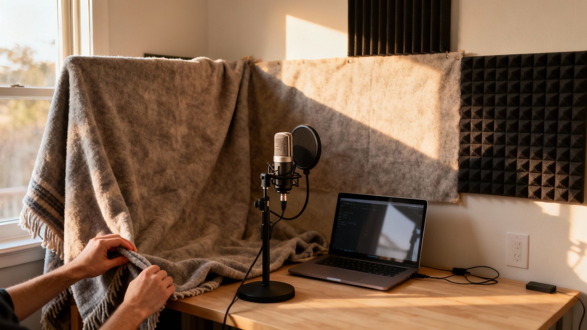 A person sets up a home recording studio with a microphone, laptop, blankets, and foam panels.
