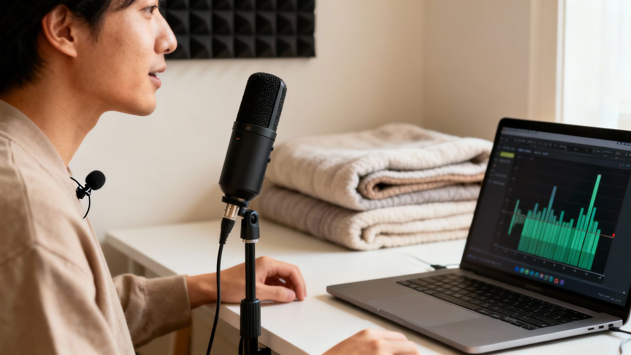 Close-up of a person recording audio with a studio microphone and lapel mic at a desk.