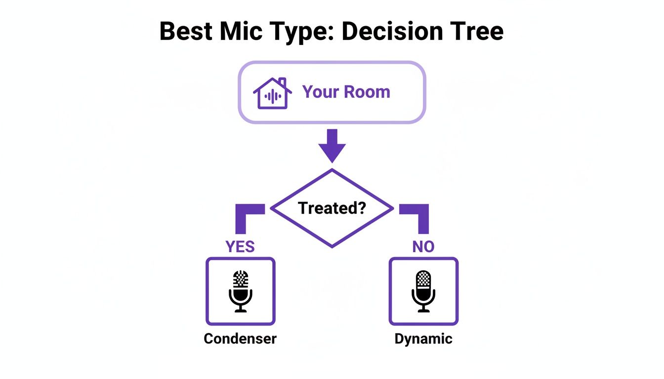 Decision tree showing how to choose between condenser and dynamic microphones based on room treatment.