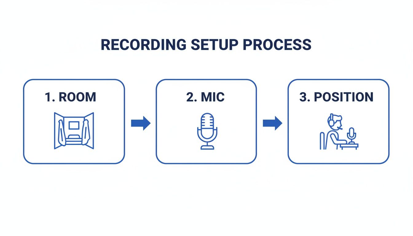 A visual flow chart illustrates the recording setup process, including room, microphone, and user position.