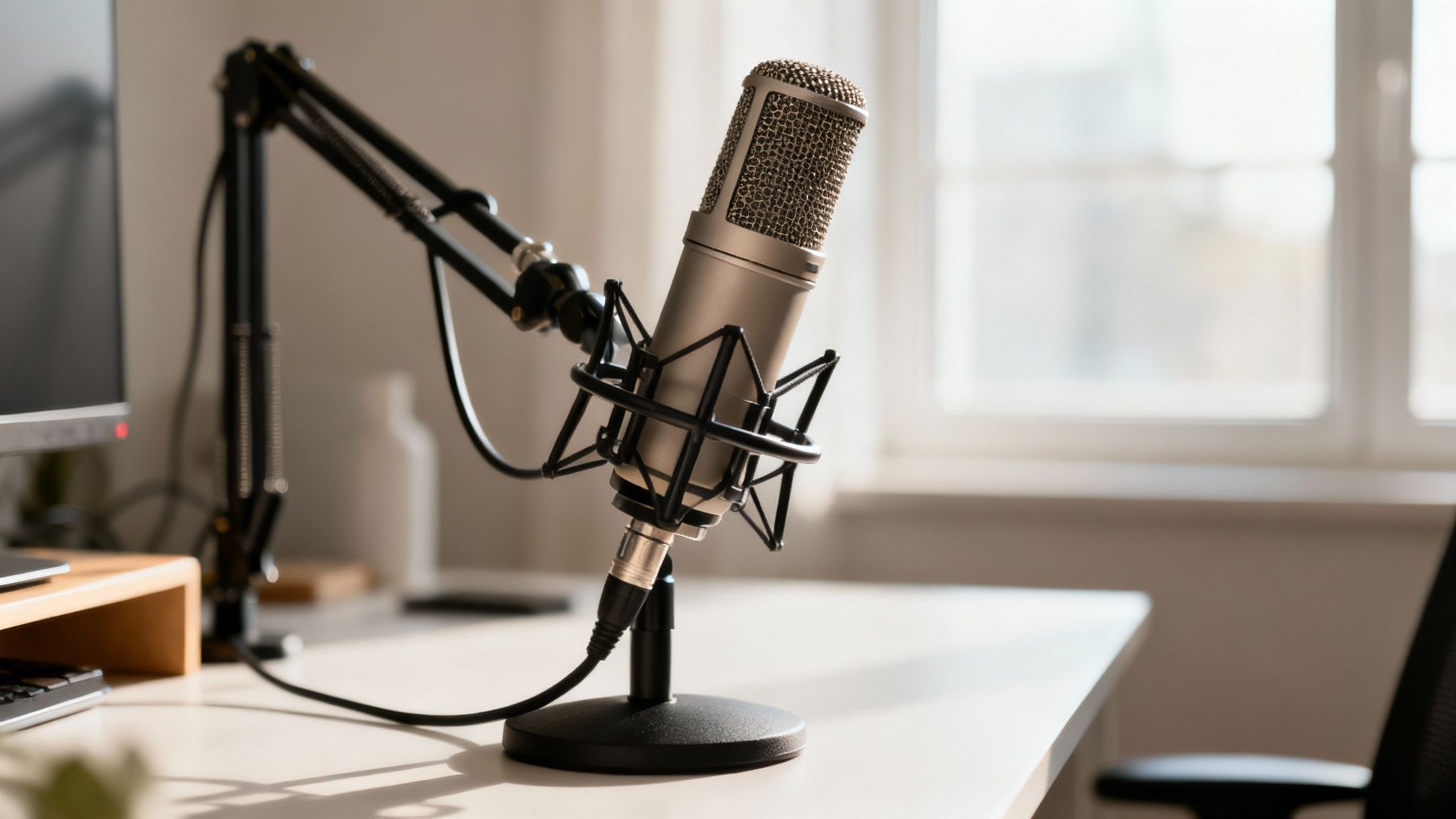 A professional podcast microphone with a boom arm on a white desk in a home studio.