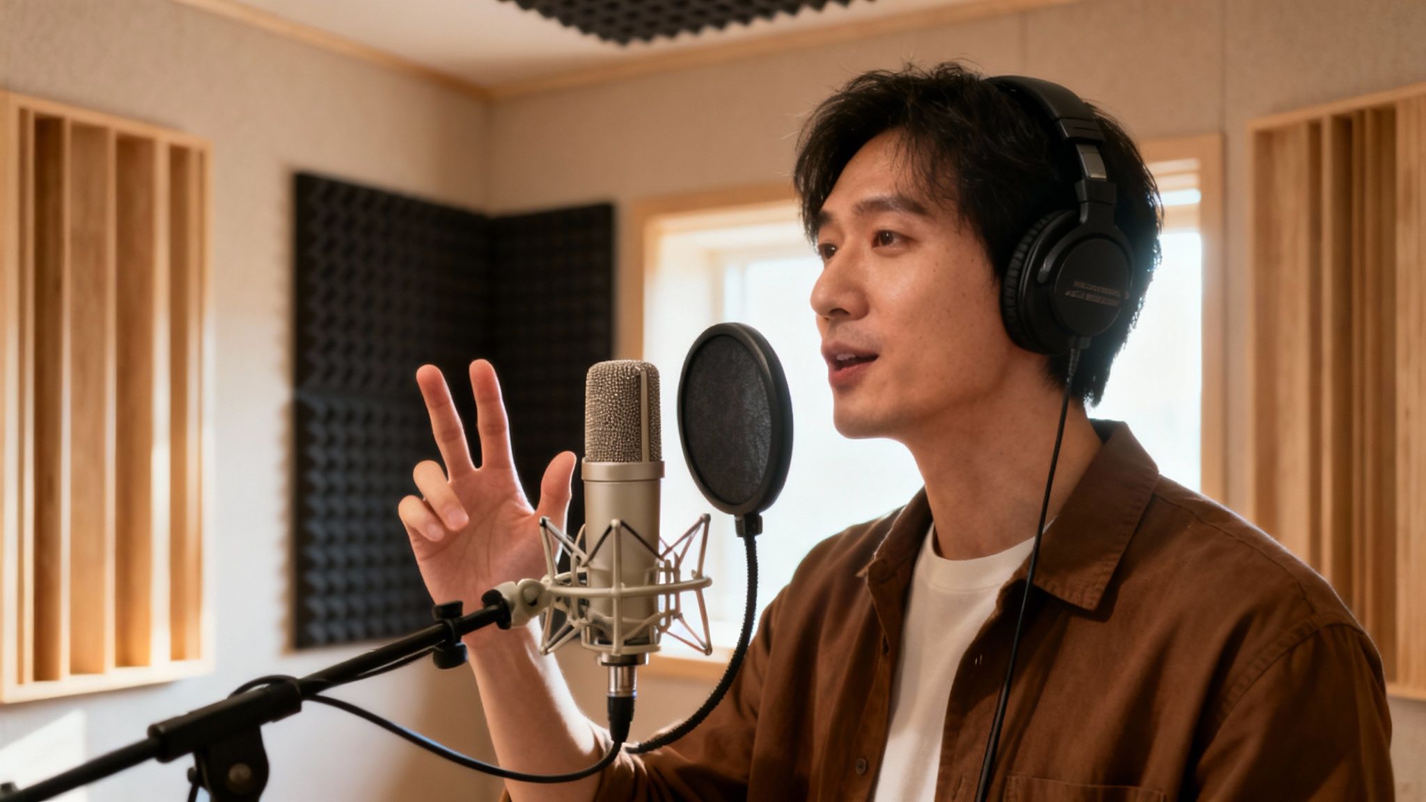 A man in a soundproof studio wears headphones, speaking into a microphone while gesturing.