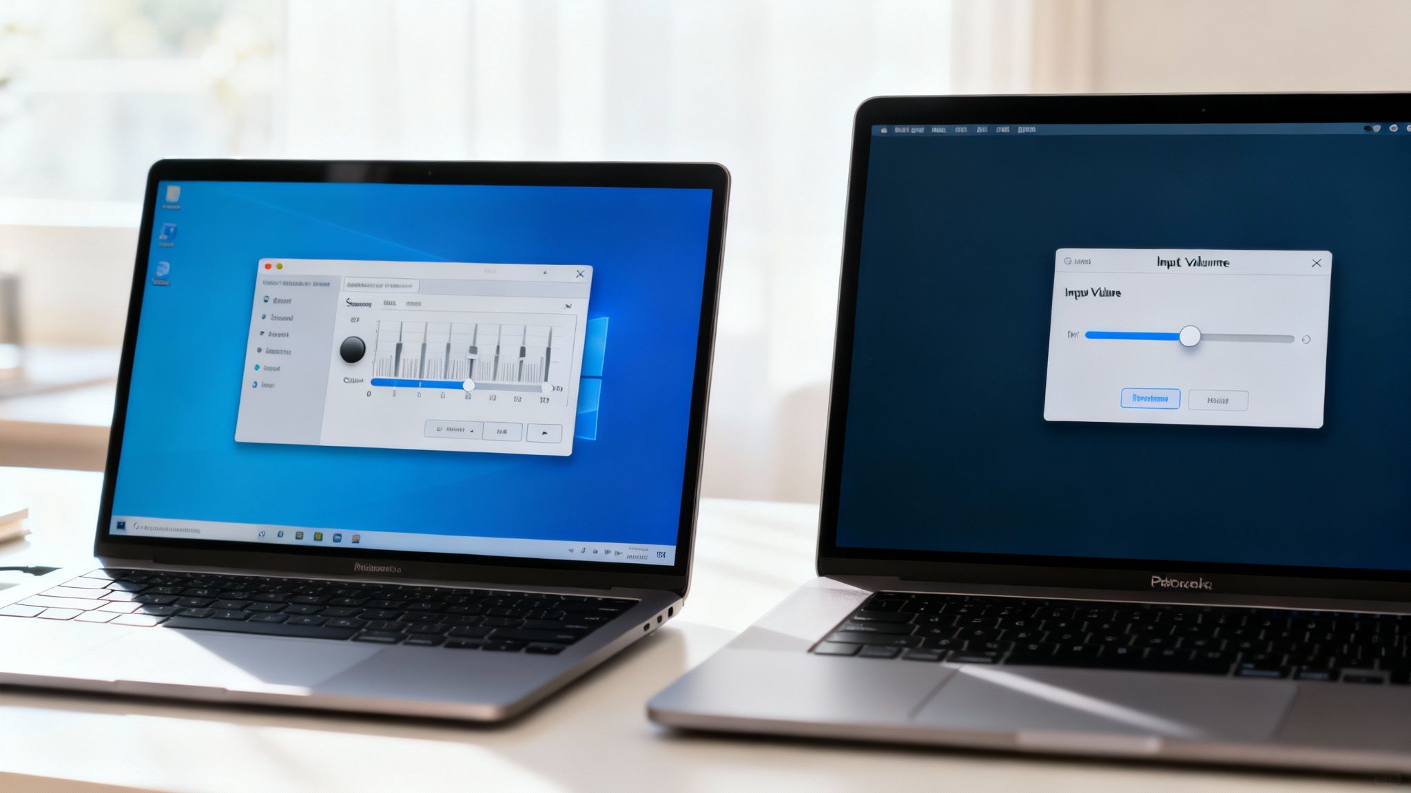 Two laptops displaying audio equalizer and input volume settings applications on their screens.