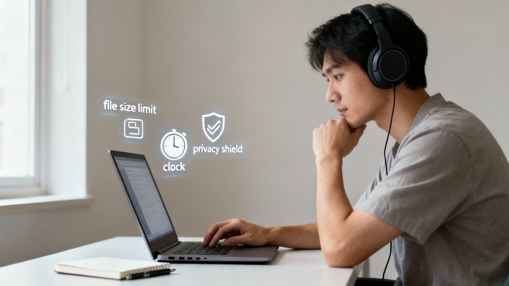 A young man wearing headphones works on a laptop with holographic digital icons like privacy shield.