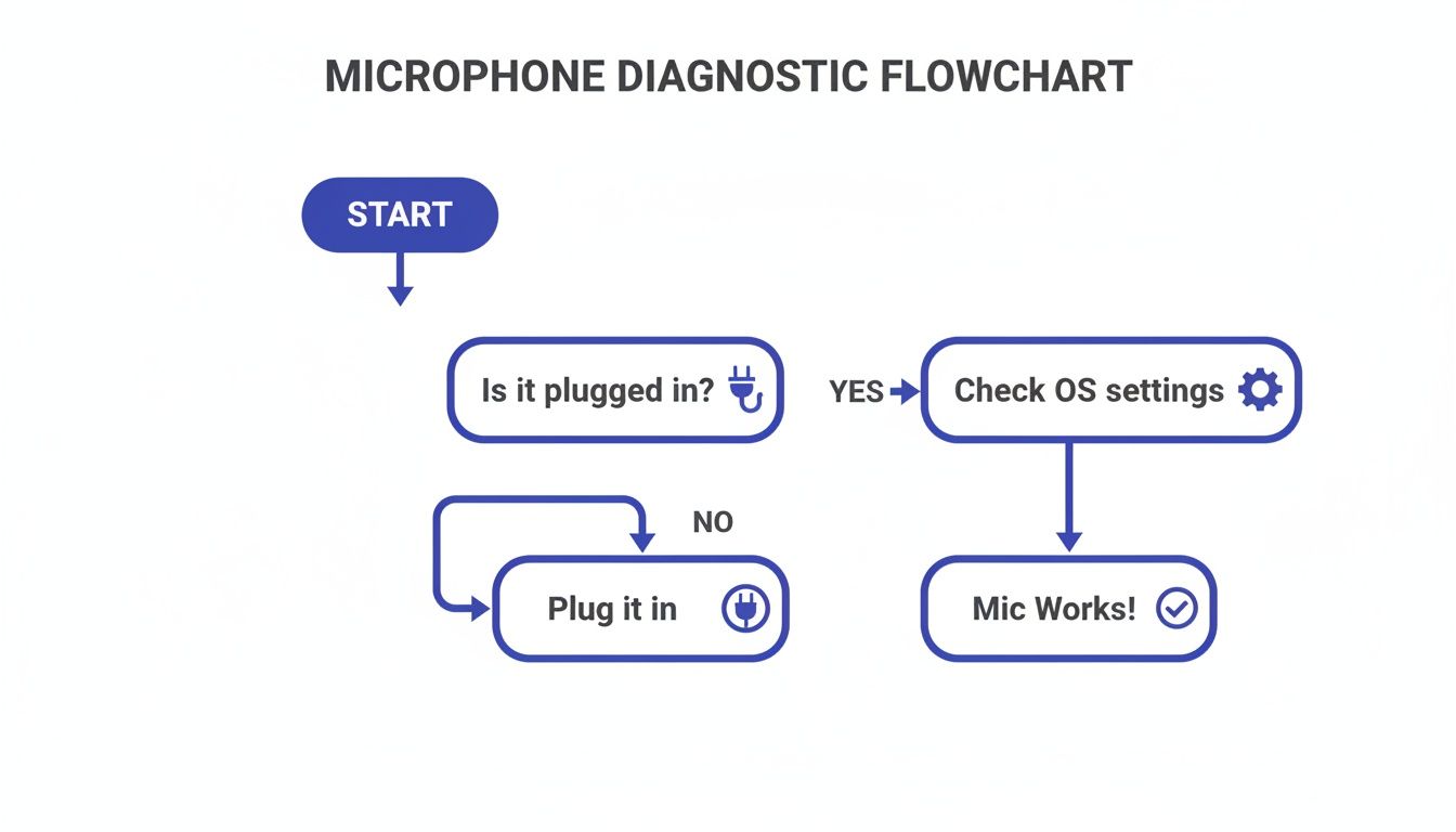Microphone diagnostic flowchart guiding users through troubleshooting steps to ensure the mic works.