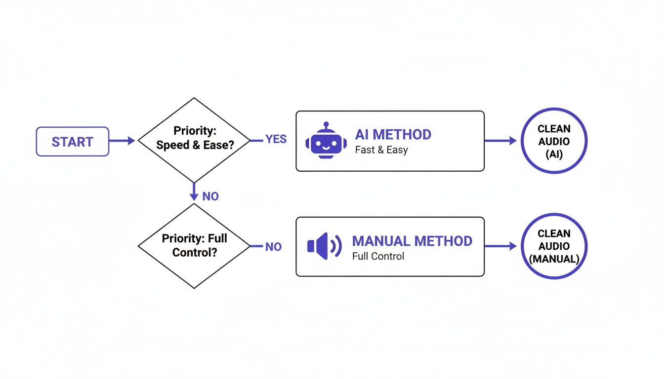 Flowchart illustrating AI and manual methods for cleaning audio, prioritizing speed, ease, or full control.