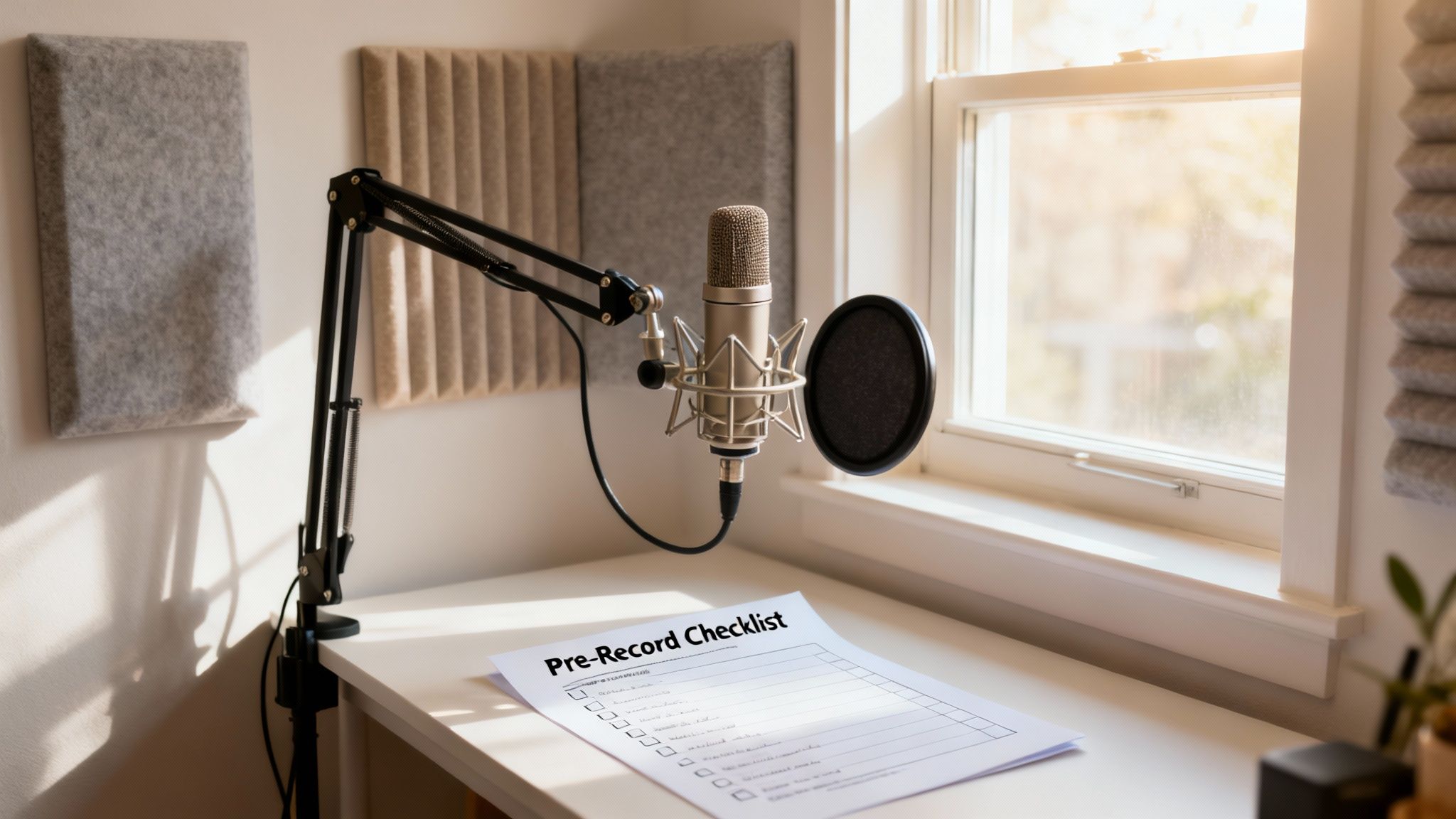 A home recording studio with a microphone, pop filter, acoustic panels, and a pre-record checklist on the desk.