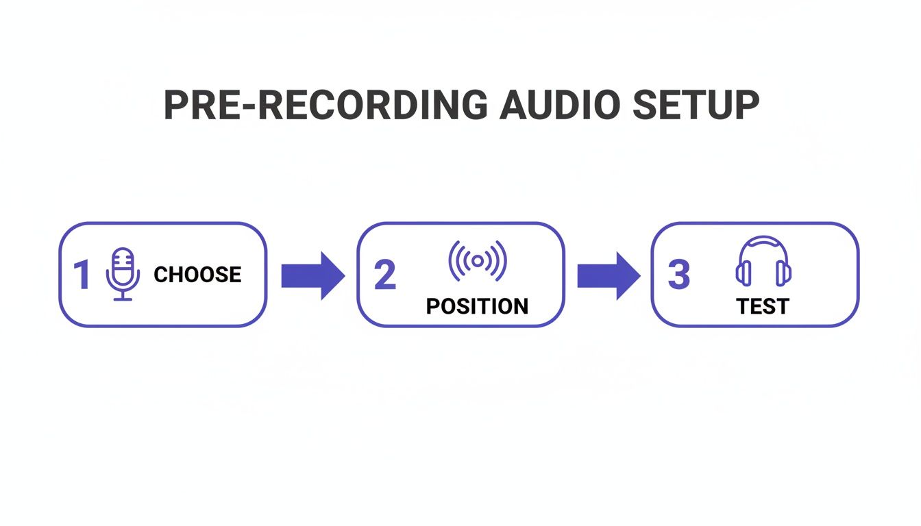 A three-step diagram illustrates pre-recording audio setup: choose microphone, position, and test.