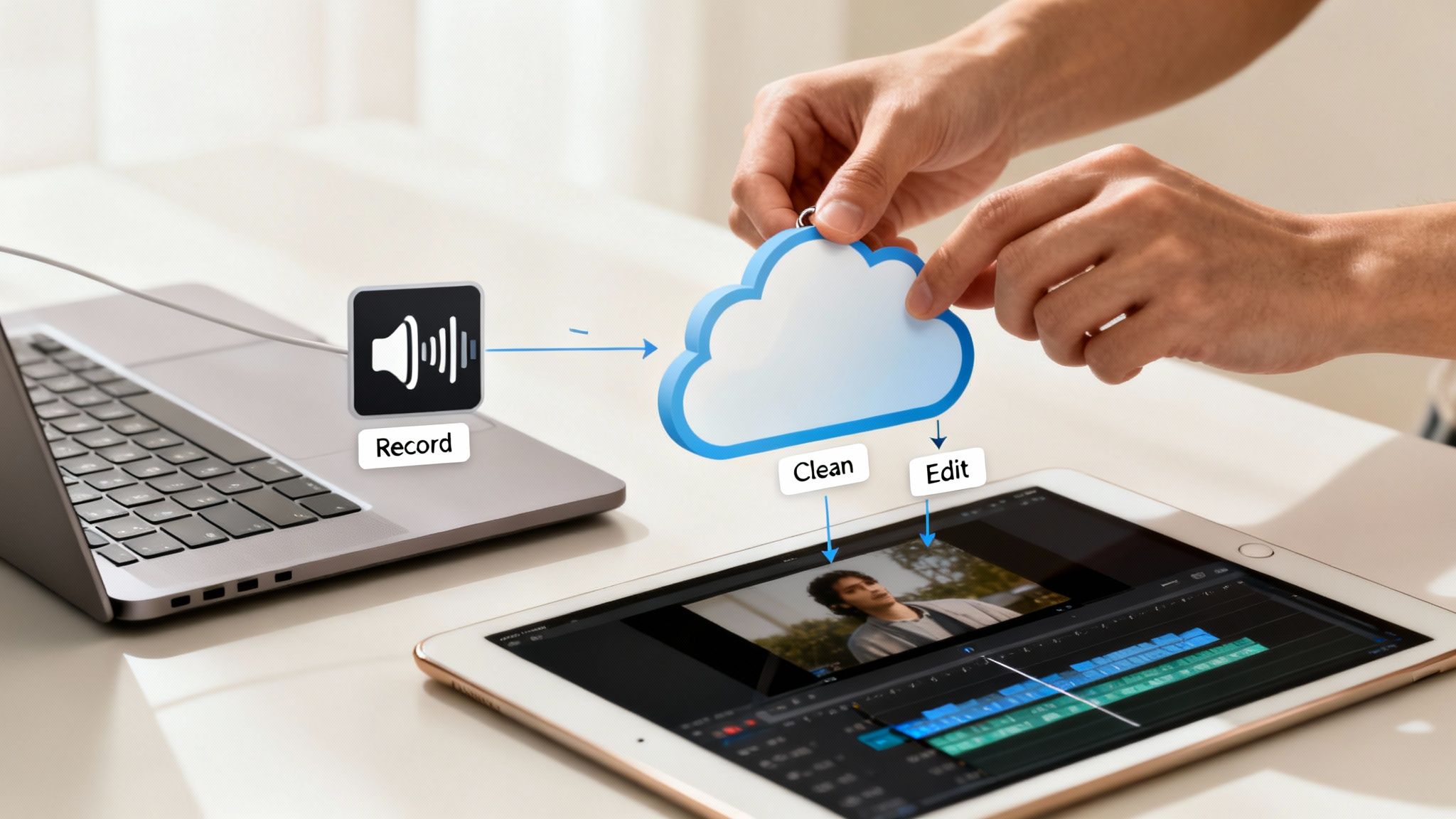 A person uses a cloud-based service to record, clean, and edit audio/video on a laptop and tablet.