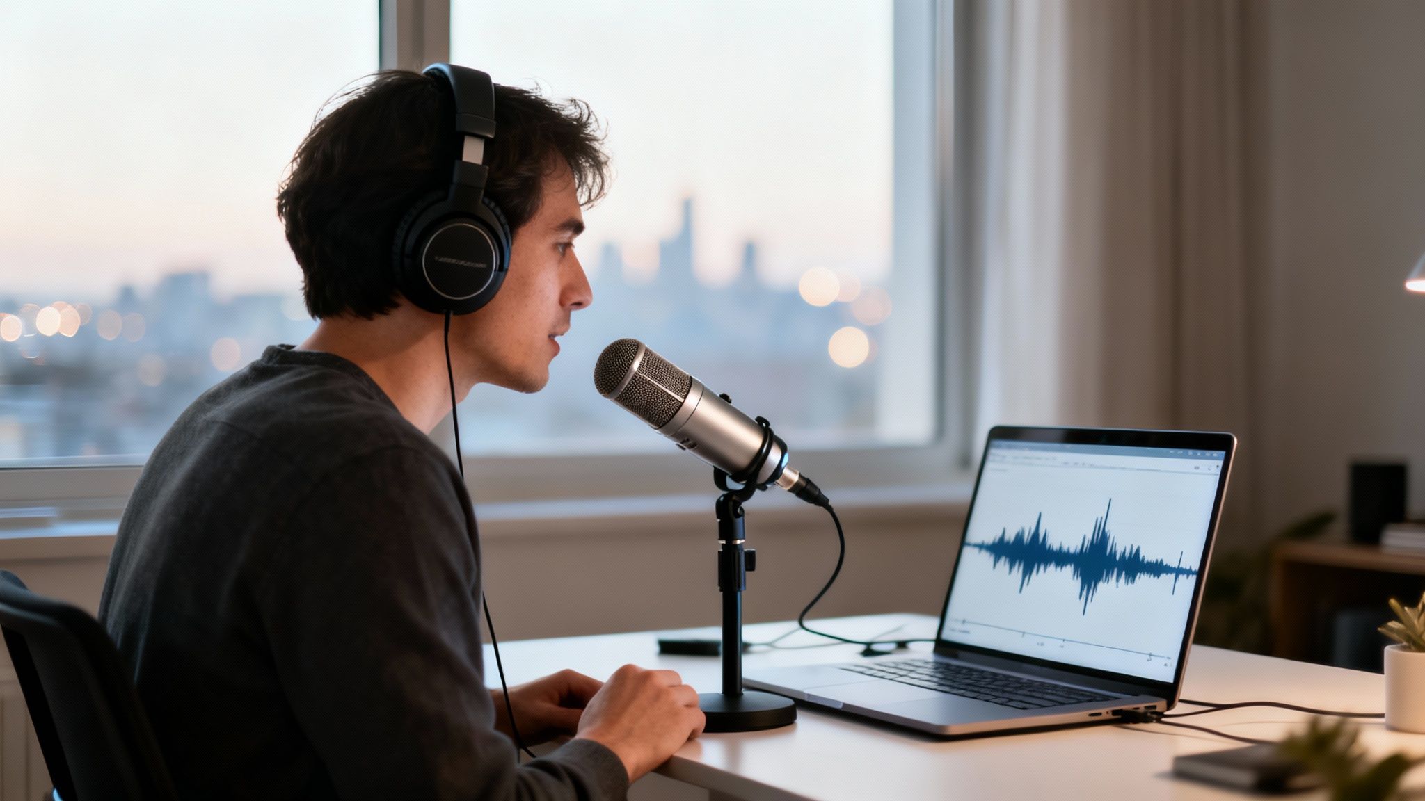 A young man recording a podcast with headphones and a microphone, looking at an audio waveform on his laptop.