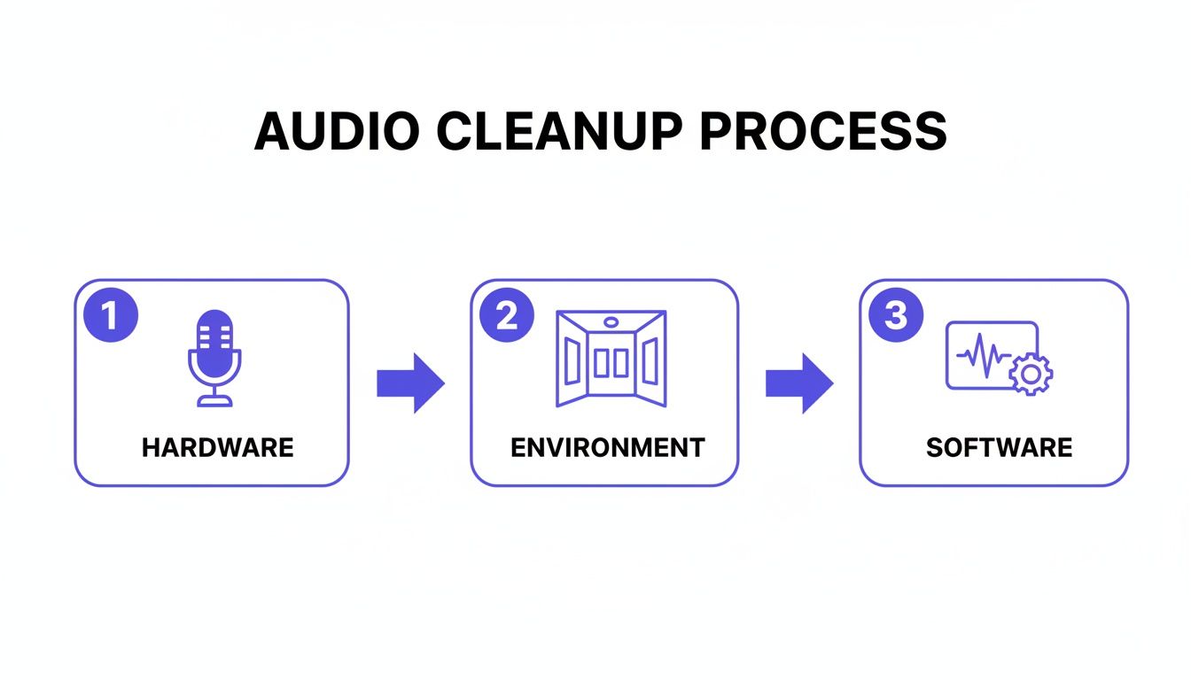 Infographic detailing the audio cleanup process, from hardware and environment to software solutions.