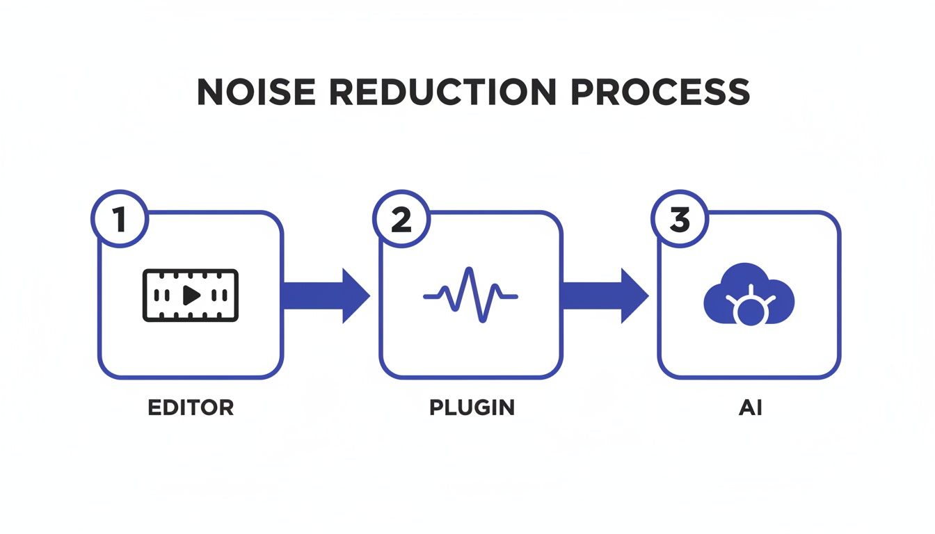 A diagram illustrating the three-step noise reduction process using editor, plugin, and AI.