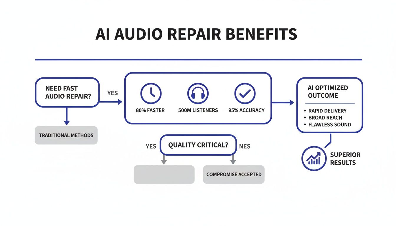 Flowchart illustrating the benefits of AI audio repair, detailing faster results, high accuracy, and optimized outcomes.