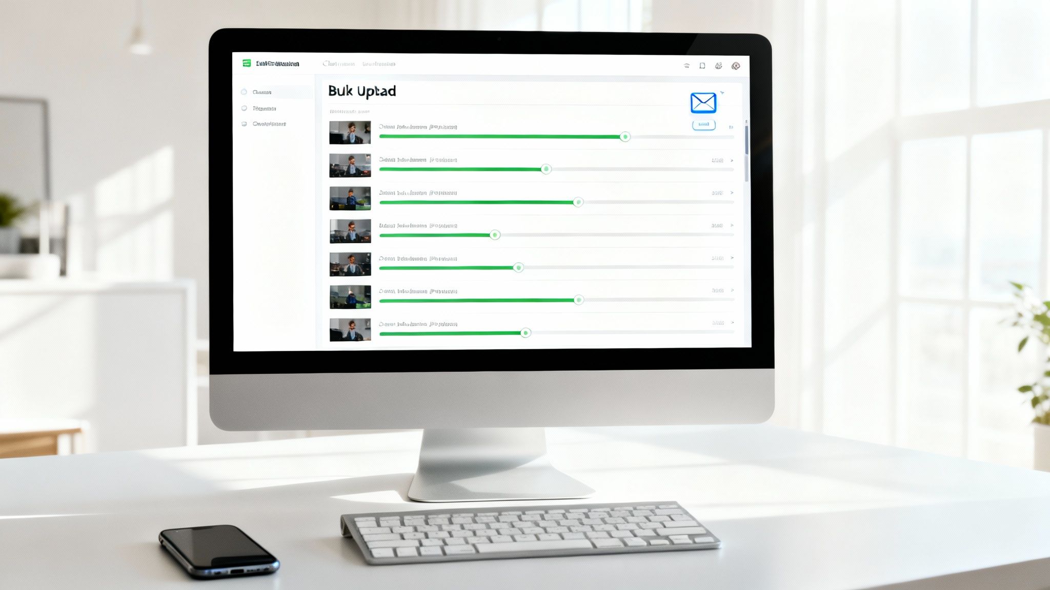 A desktop computer displays a 'Bulk Upload' interface with progress bars, a smartphone, and a keyboard on a white desk.
