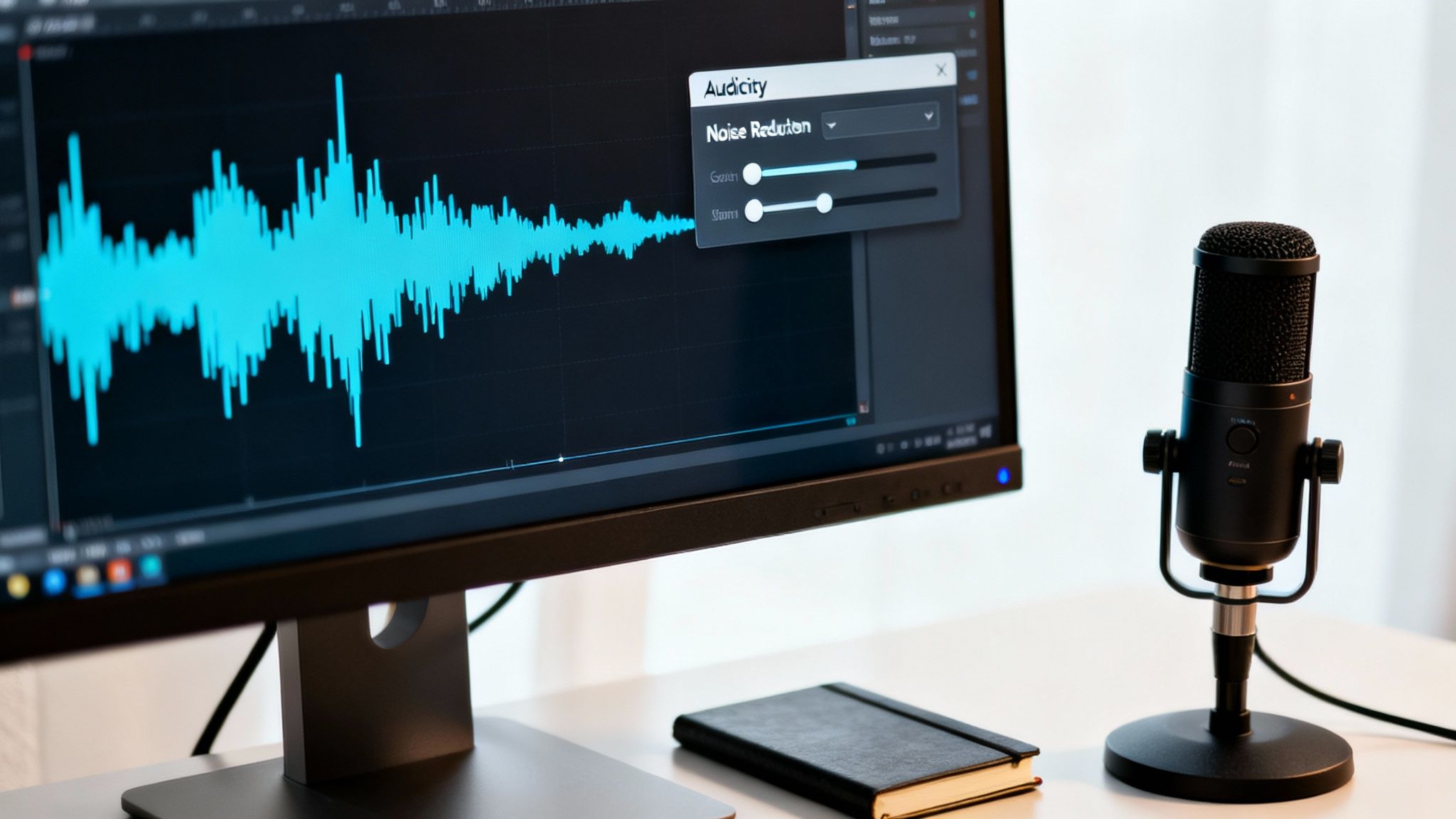 A computer screen displays Audacity software with an audio waveform and noise reduction settings, next to a microphone.