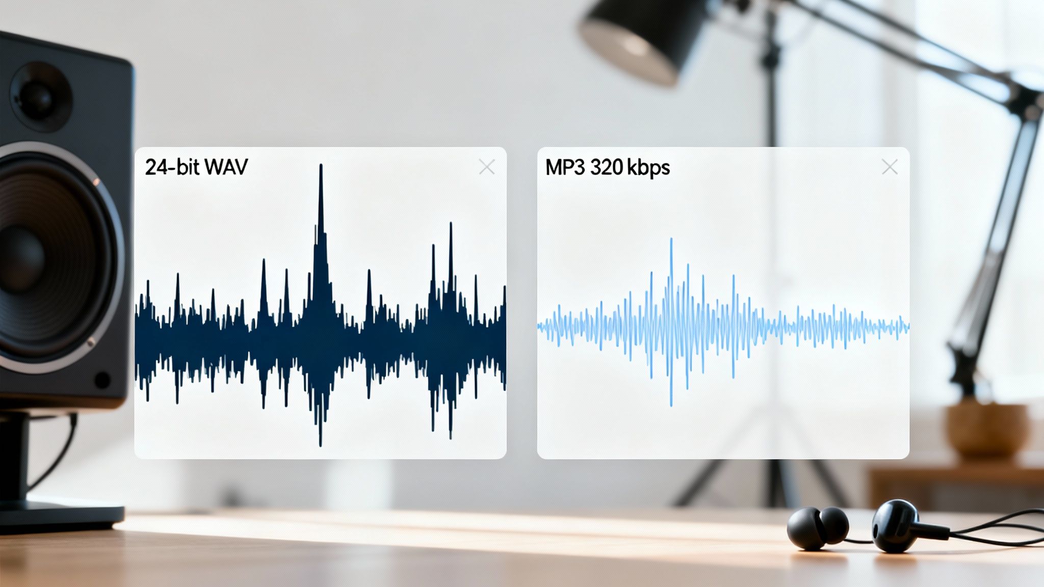 Two audio waveforms comparing 24-bit WAV and MP3 320 kbps, highlighting audio quality differences.