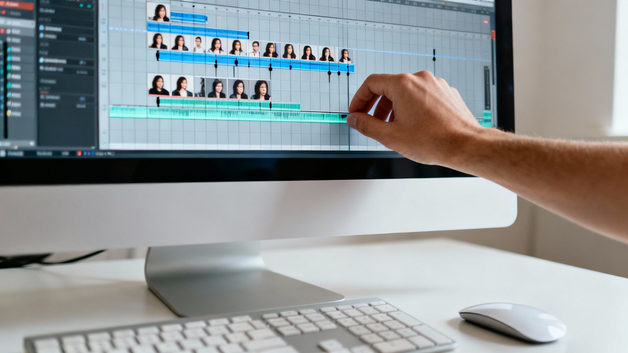 Close-up of a person's hand editing audio waveforms and video clips on a computer screen.