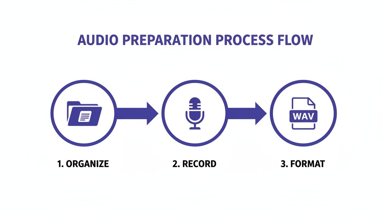 A process flow diagram illustrates audio preparation steps: organize, record, and format into a WAV file.