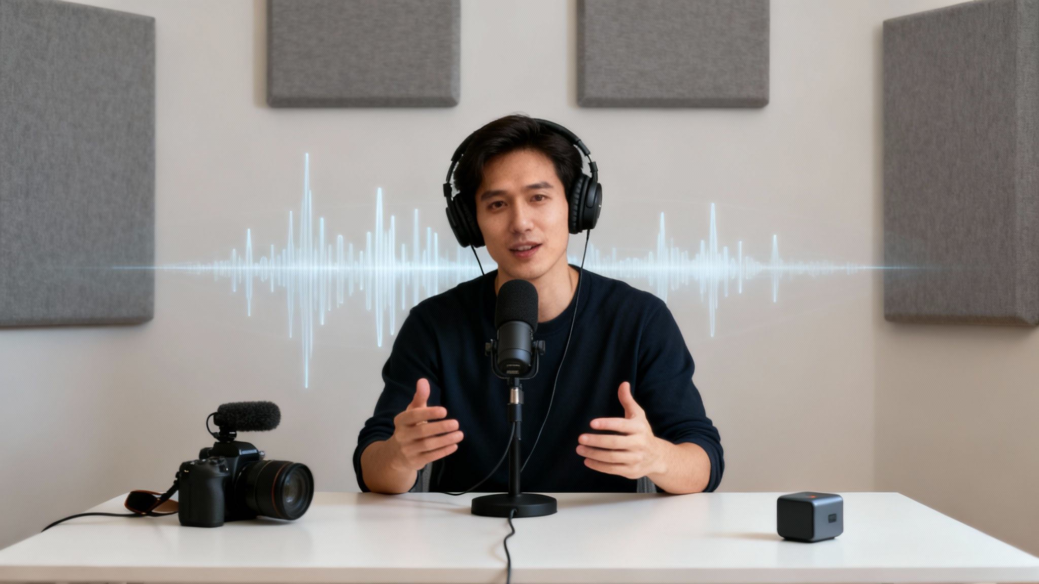 A man wearing headphones speaks into a microphone, recording a podcast or video with a camera nearby.