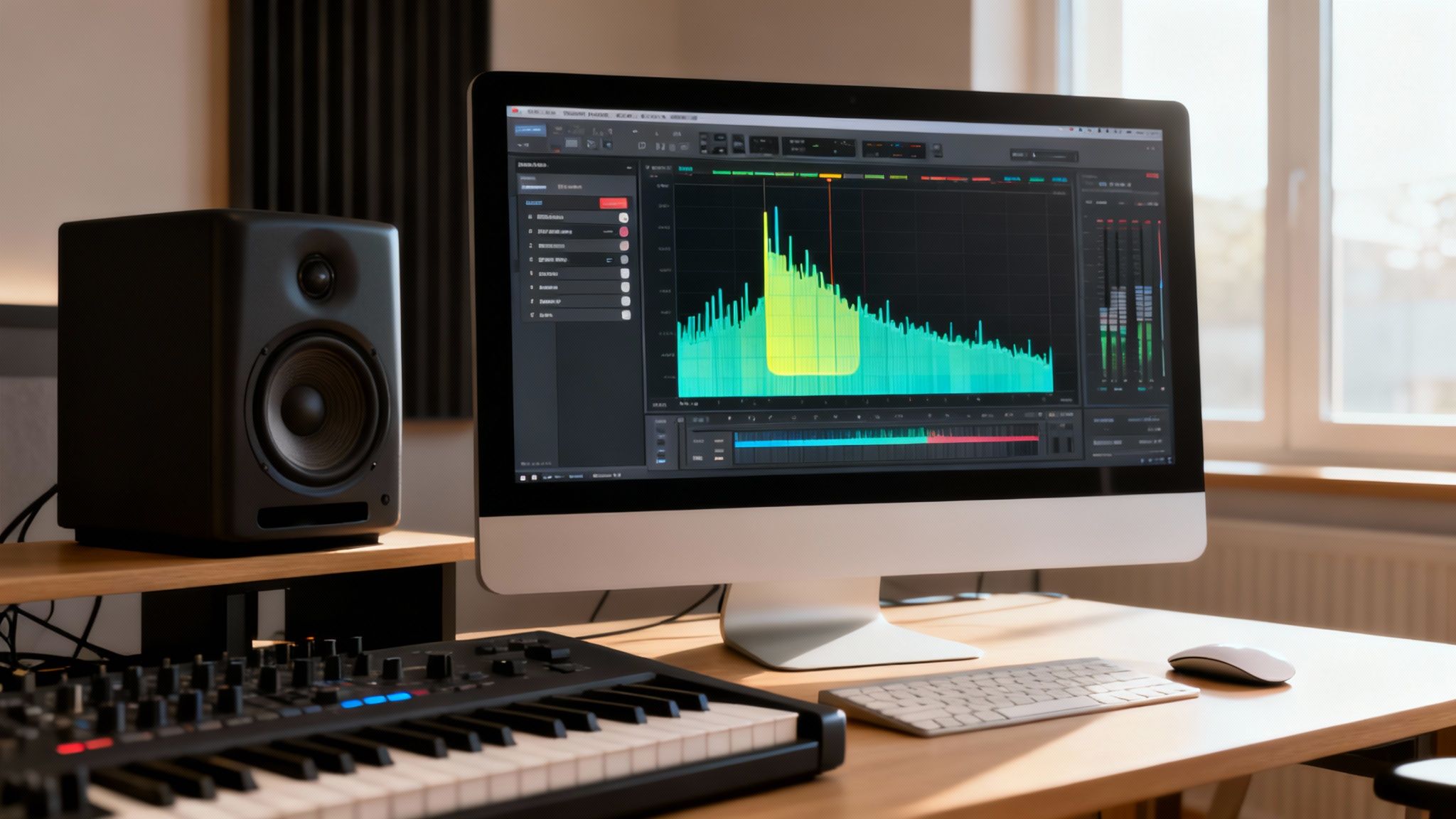 A modern home music studio setup featuring a computer, studio monitor, and MIDI keyboard.