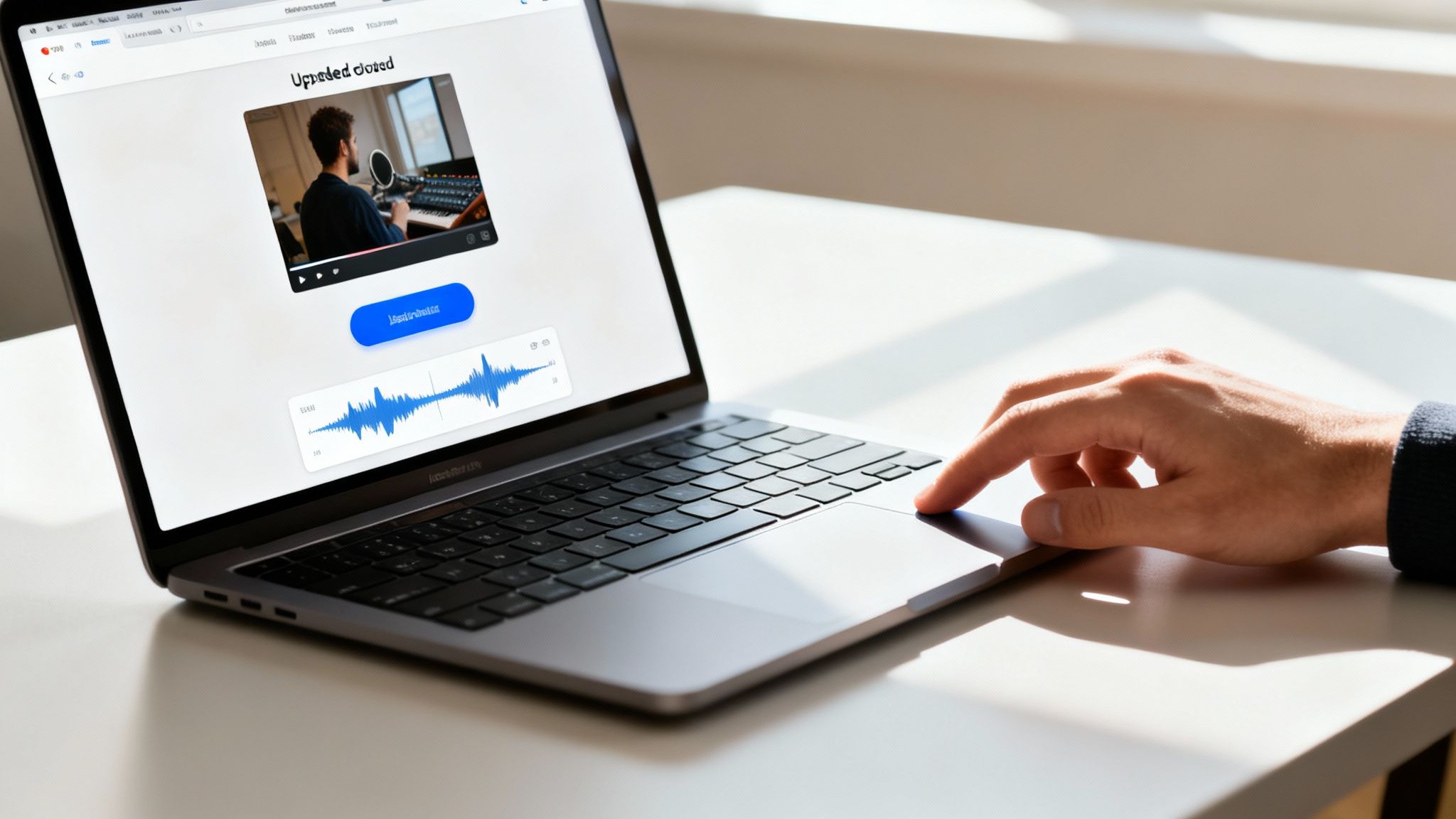 A person's hand on a laptop trackpad, displaying a video and audio waveform on the screen.
