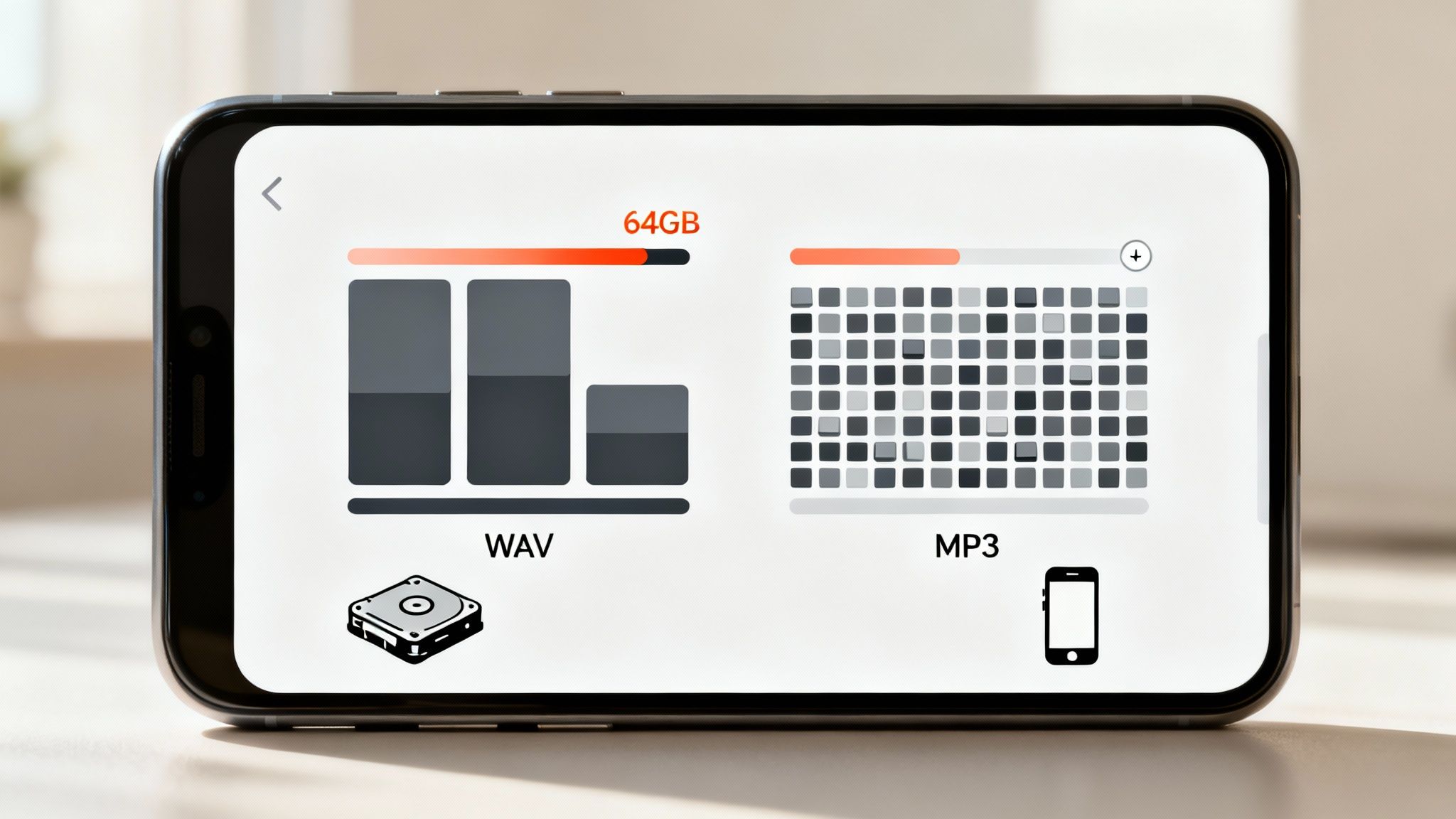 Smartphone app visually comparing storage space usage for WAV and MP3 audio files on 64GB.