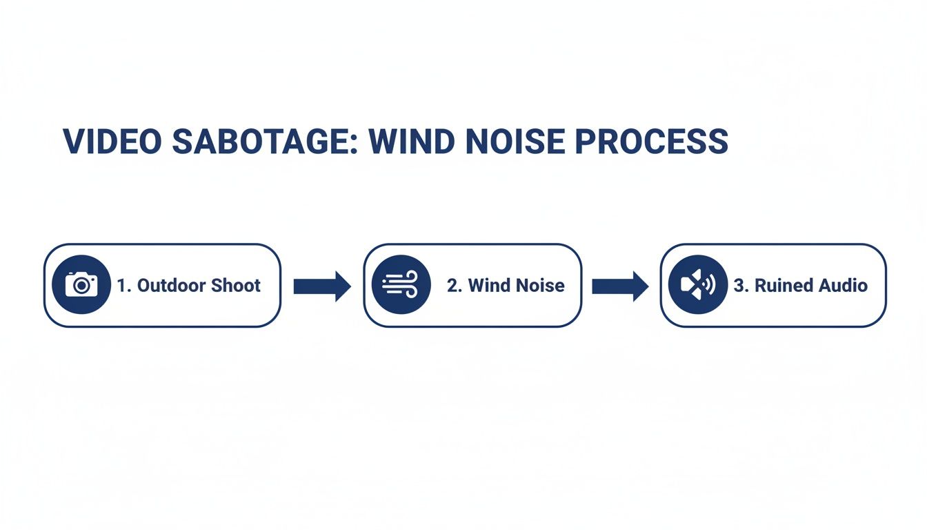 Flowchart illustrating how wind noise during an outdoor video shoot can lead to ruined audio.