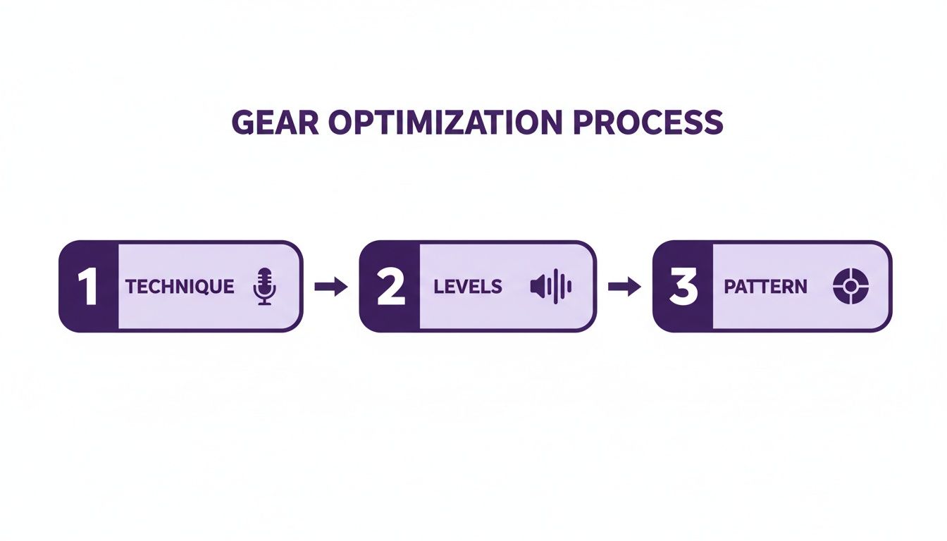 A three-step gear optimization process flowchart with steps: Technique (microphone), Levels (volume), and Pattern (target icon).